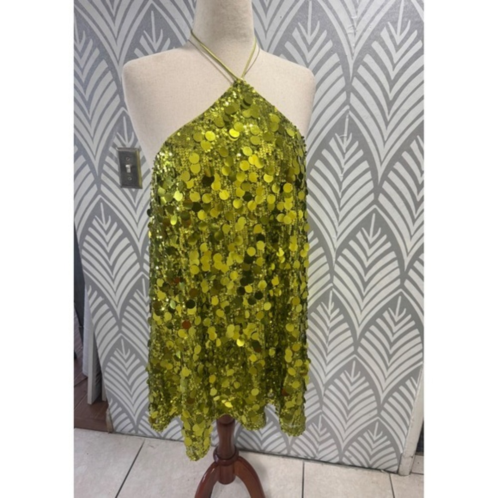 Princess Polly Fluorescent Party Sequin Halter Mini Dress Green Backless US 2 - Picture 7 of 8